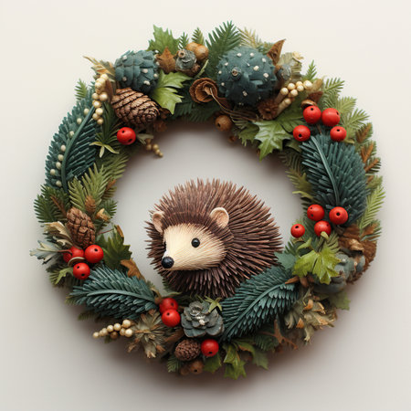 Christmas wreath with hedgehog, pine cones and berries on white backgroundの素材