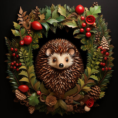 Cute hedgehog in christmas wreath on black background.の素材