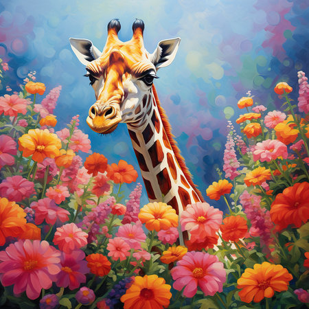 Giraffe in the garden with flowers. Illustration for your designの素材