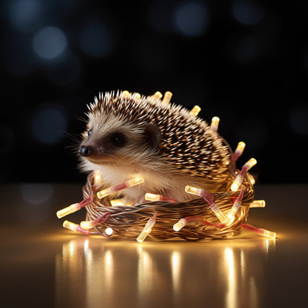 Hedgehog in a basket with garland on a black backgroundの素材