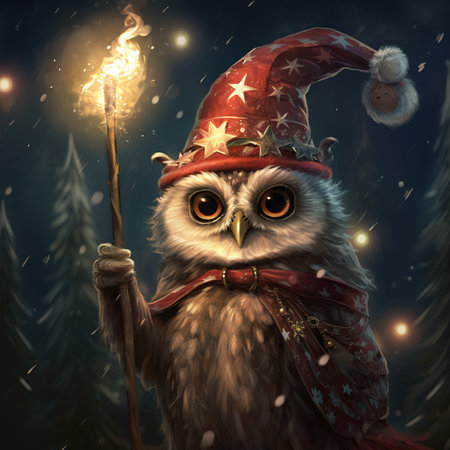 Owl in a Christmas hat with a burning torch in his hand.の素材