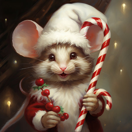 Cute little kitten in Santa Claus costume holding Christmas candy cane.の素材