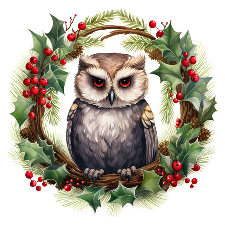 Owl in a wreath of mistletoe. Christmas illustration.の素材