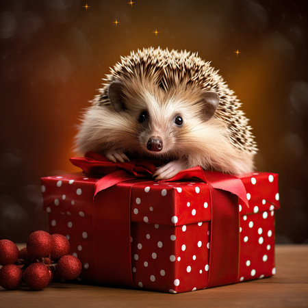 Hedgehog in a red gift box on a brown background.の素材