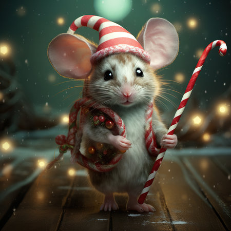 Cute little rat in christmas hat with candy cane on wooden backgroundの素材