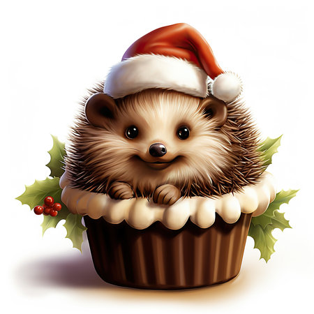 Cute hedgehog in christmas cupcake. Vector illustration.の素材