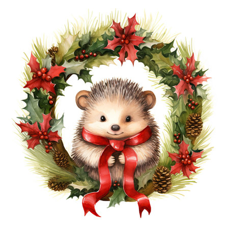 Cute hedgehog with Christmas wreath. Watercolor illustration.の素材