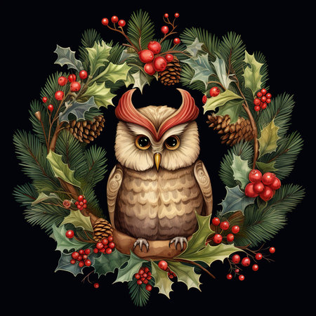 Christmas wreath with owl, holly and mistletoe. Vector illustration.の素材