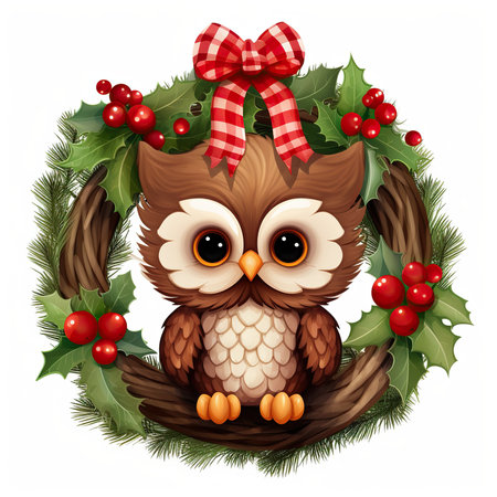 Owl in a wreath with holly leaves and berries.の素材
