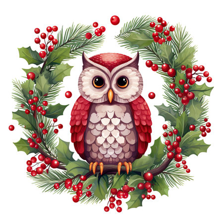 Christmas wreath with owl and holly berry, vector illustrationの素材