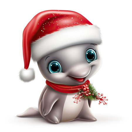 Cute cartoon penguin with christmas hat and red scarf.の素材