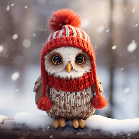 Winter owl in a red hat and scarf on a background of snowfallの素材