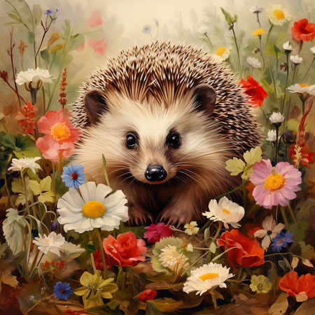Hedgehog in a meadow of flowers. Digital painting.の素材