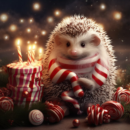 Cute little hedgehog in a scarf with candles and candiesの素材