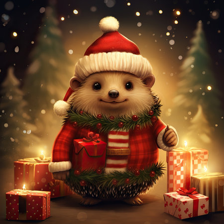 Cute little hedgehog in Santa Claus costume with Christmas gifts.の素材