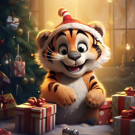 Cartoon tiger with Christmas gifts on the background of a Christmas treeの素材