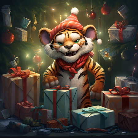 Tiger in a Santa Claus hat with gifts under Christmas tree.の素材