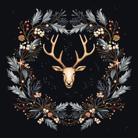 Christmas wreath with deer and berries. Vector illustration on black background.の素材