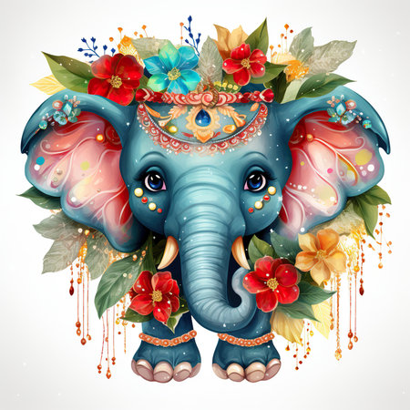 Greeting card with cute Indian elephant and flowers. Vector illustration.の素材