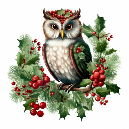 Owl on a branch with holly berries. Vector illustration.の素材
