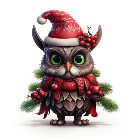 Cute cartoon owl in Santa Claus hat and red scarf with a branch of a Christmas tree.の素材