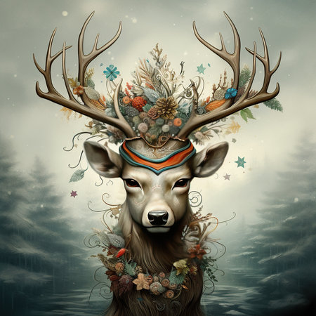 Reindeer with deer antlers in the forest. 3d illustrationの素材