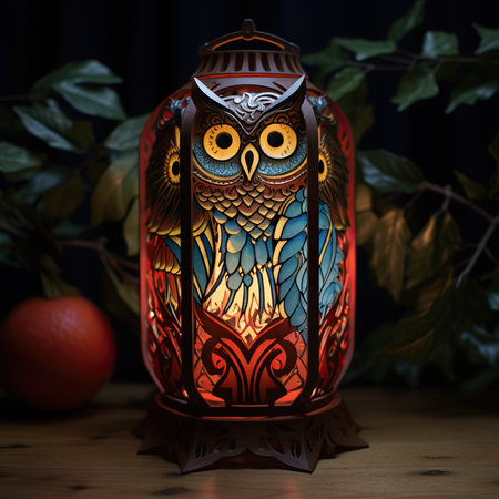 Owl lantern with orange and grapefruit on wooden table in dark roomの素材
