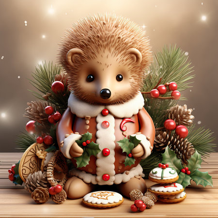 Cute little hedgehog with christmas cookies on wooden background.の素材