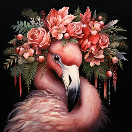 Flamingo with floral wreath on black background. 3d illustrationの素材