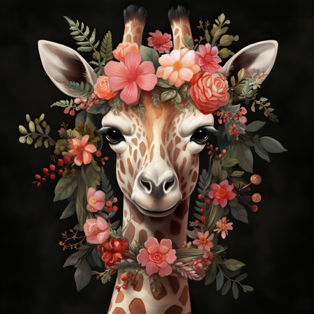 Cute giraffe with flowers in her hair on black background.の素材