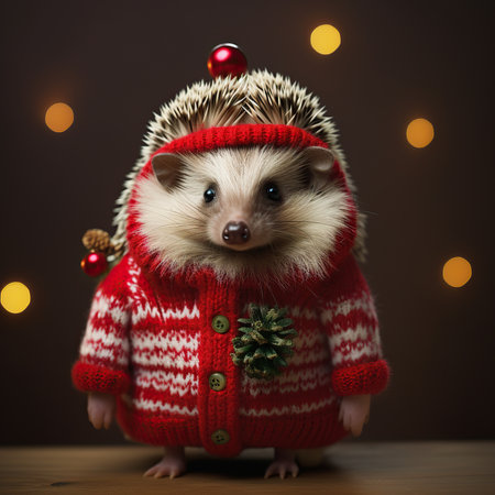 Hedgehog in a sweater on a brown background. Christmas.の素材
