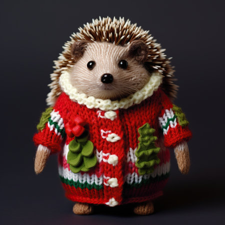 Hedgehog in a knitted sweater on a dark background.の素材