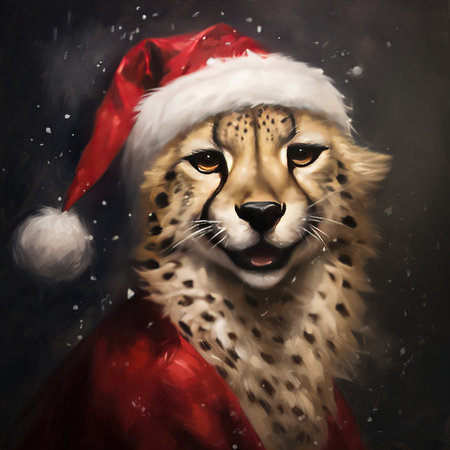 Cheetah in Santa Claus red coat and hat. Digital painting.の素材