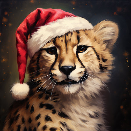 Cheetah in a Santa Claus hat on a dark background.の素材
