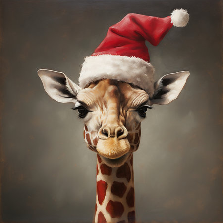 Giraffe in Santa Claus hat. Portrait of funny animal.の素材