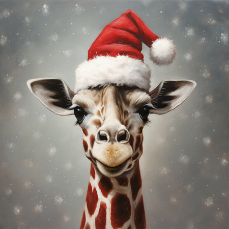 giraffe in santa claus hat on christmas backgroundの素材