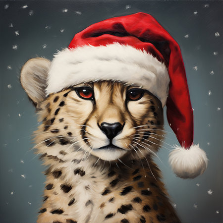 Cute cheetah in santa hat with snowflakesの素材