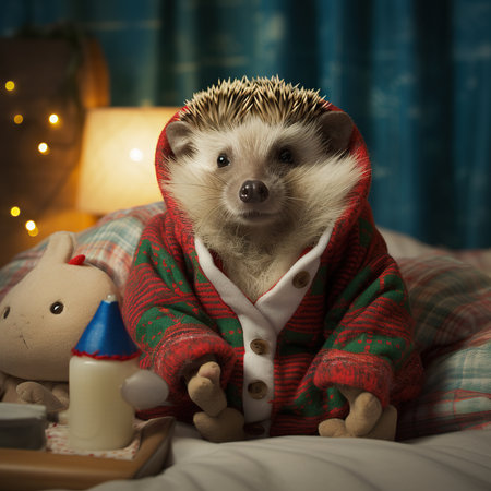 Cute little hedgehog in Christmas pajamas on the bedの素材