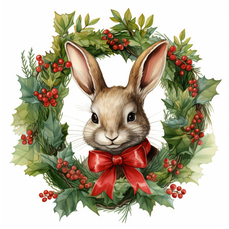 Rabbit with christmas wreath, watercolor illustration on white backgroundの素材