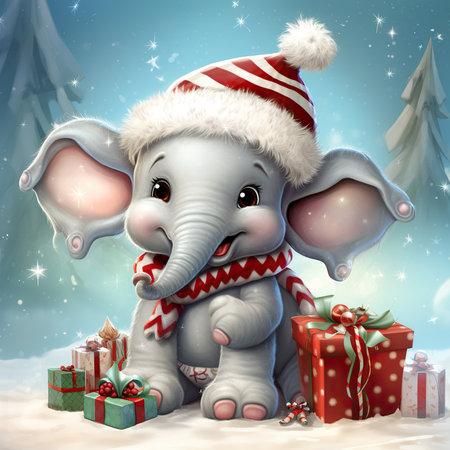 Cute elephant with christmas gifts in winter forest - 3D illustrationの素材