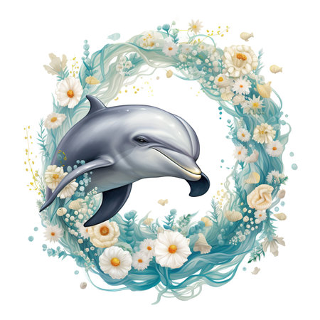 Illustration of a beautiful dolphin in a wreath of flowers on a white backgroundの素材