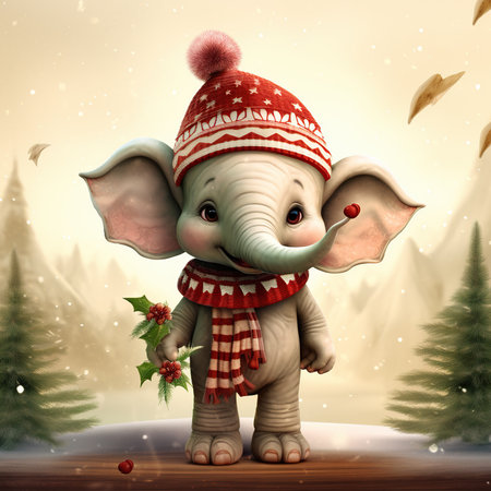 Christmas card with cute elephant in winter forest - 3D illustration.の素材