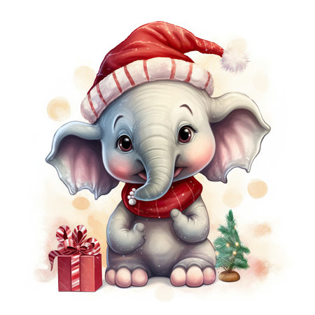 Cute cartoon elephant with Santa Claus hat, gift and Christmas tree.の素材