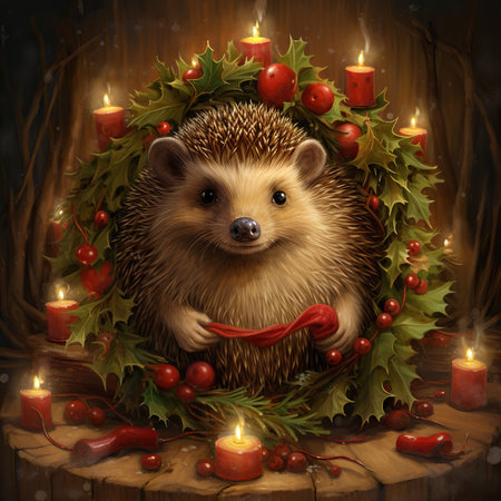 Hedgehog in a wreath with candles on a wooden backgroundの素材