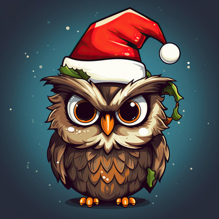 Cute cartoon owl in Santa Claus hat. Vector illustration on dark background.の素材