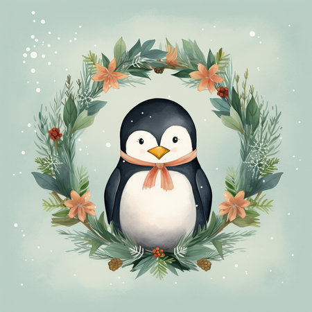 Christmas greeting card with cute penguin in wreath. Vector illustration.の素材