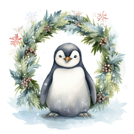 Penguin with Christmas wreath. Watercolor hand drawn illustrationの素材