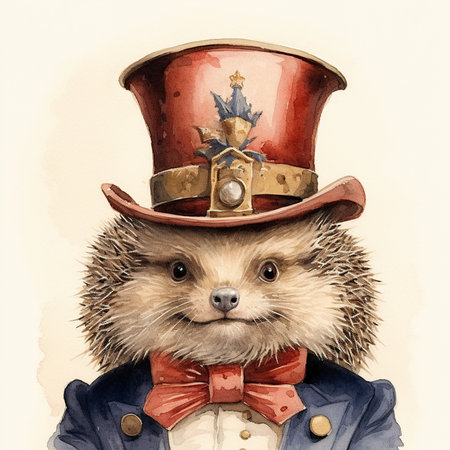 Hedgehog in a top hat and bow tie. Watercolor illustration.の素材