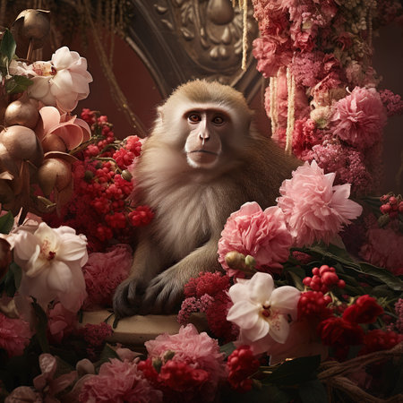 Monkey sitting on a chair surrounded by flowers. Studio shot.の素材