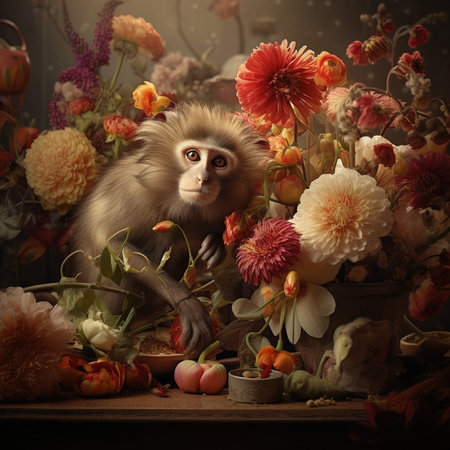 Monkey and flowers on wooden background. Vintage style. Selective focus.の素材